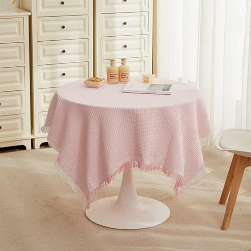 Mozzeilee Runde Tischdecke mit Quasten, staubdicht, Tischdecke für Küche, Picknick, Esszimmer, Tischdekoration, langlebig, knitterfrei, waschbar, Tischdecke (Rosa, 140 x 140 cm) von Mozzeilee