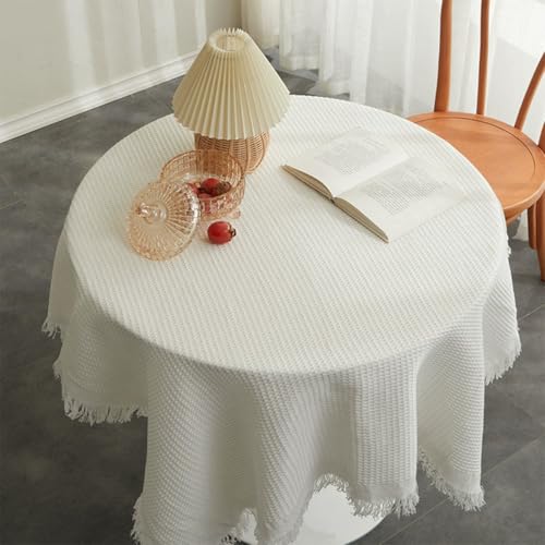 Mozzeilee Runde Tischdecke mit Quasten, staubdicht, Tischdecke für Küche, Picknick, Esszimmer, Tischdekoration, langlebig, knitterfrei, waschbar, Tischdecke (Weiß, 100 x 100 cm) von Mozzeilee