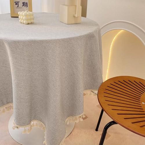 Mozzeilee Runde Tischdecke mit Quasten, wasserdicht, knitterfrei, Picknick, Camping, Garten, Tischdecke für drinnen und draußen, Hochzeit, Geburtstagspartys (Hellgrau, 200,7 cm rund) von Mozzeilee
