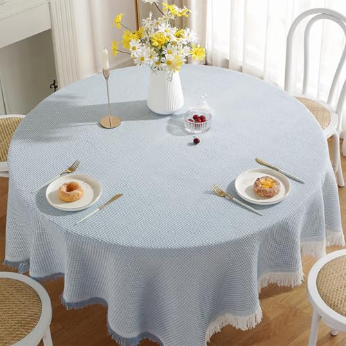 Runde Tischdecke mit Quaste, abwischbare Tischdecke, langlebig, runde Tischdecke für Esstisch, Schutz, Café, Restaurant, Buffet, Tischplatte, Hochzeit (Blau, 140 x 140 cm) von Mozzeilee