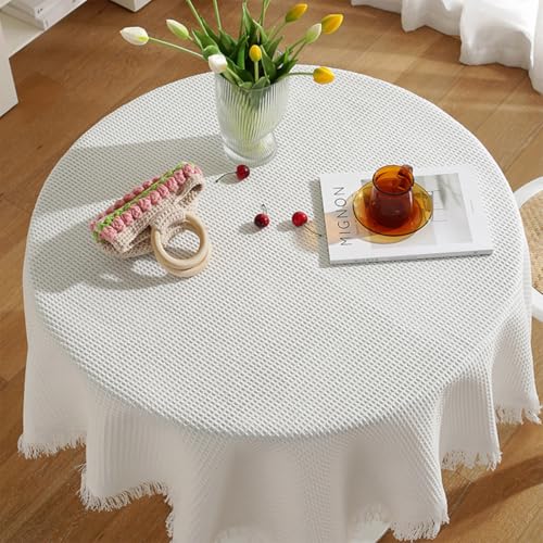 Runde Tischdecke mit Quaste, abwischbare Tischdecke, langlebig, runde Tischdecke für Esstisch, Schutz, Café, Restaurant, Buffet, Tischplatte, Hochzeit (Weiß, 150 x 150 cm) von Mozzeilee