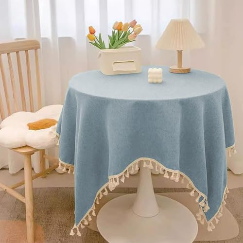 Runde wasserdichte Tischdecke, Kunstleinen, verbrühungssichere Tischdecke mit Quasten, verschleißfester Tischschutz für Esszimmer, Party, Hochzeit, Weihnachten (Blau, 180,3 cm rund) von Mozzeilee