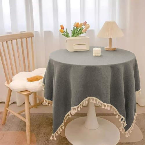 Runde wasserdichte Tischdecke, Kunstleinen, verbrühungssichere Tischdecke mit Quasten, verschleißfester Tischschutz für Esszimmer, Party, Hochzeit, Weihnachten (Grau, 200,7 cm rund) von Mozzeilee