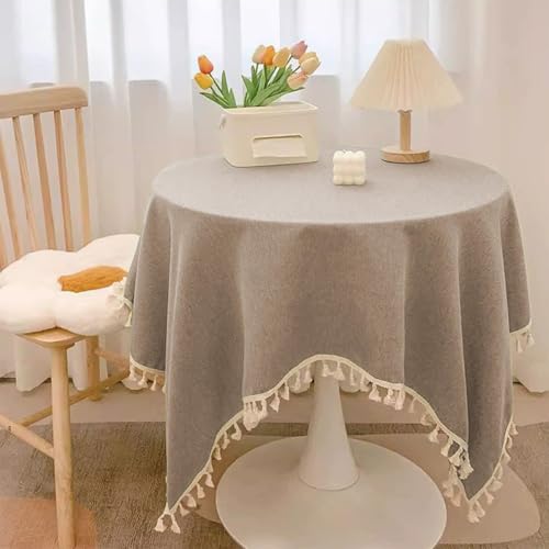Runde wasserdichte Tischdecke, Kunstleinen, verbrühungssichere Tischdecke mit Quasten, verschleißfester Tischschutz für Esszimmer, Party, Hochzeit, Weihnachten (Hellkaffee, 200,7 cm rund) von Mozzeilee