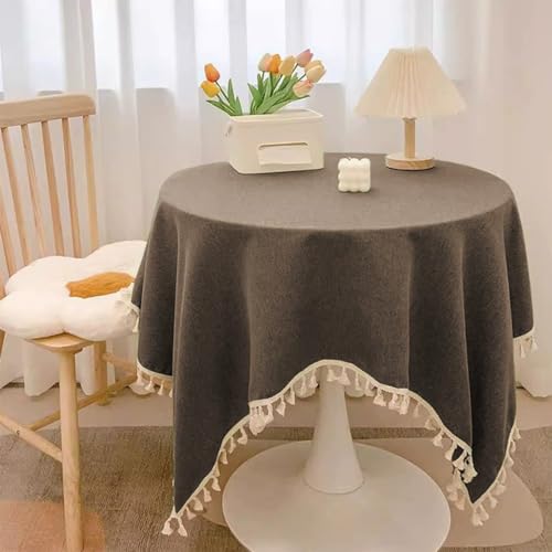 Runde wasserdichte Tischdecke, Kunstleinen, verbrühungssichere Tischdecke mit Quasten, verschleißfester Tischschutz für Esszimmer, Party, Hochzeit, Weihnachten (dunkler Kaffee, 200,7 cm rund) von Mozzeilee
