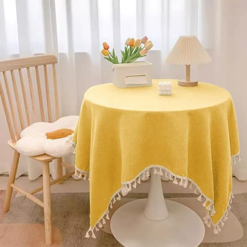 Runde wasserdichte Tischdecke, Kunstleinen, verbrühungssichere Tischdecke mit Quasten, verschleißfester Tischschutz für Esszimmer, Party, Hochzeit, Weihnachten (gelb, 180 cm (rund) von Mozzeilee