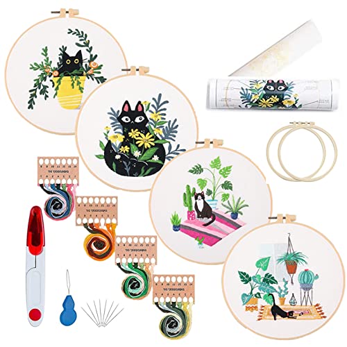 Mozzyyee 4er Stick Starter Kit mit Muster und Anleitung, DIY Erwachsene Anfänger Sticksets, inklusive 2 Kunststoff Stickrahmen, Schere, farbige Fäden und Nadeln (Katze und Pflanze) von Mozzyyee
