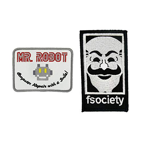 Mr Patches MR Robot Fsociety TV Series Show Stickerei Set von 2 Patches Weiß Halloween Kostüm Abzeichen Shirt Jacke Kappe Hut Geek Geschenk Einfach Bügeln/Nähen von Mr Patches