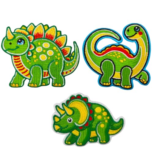 Mr. Patches Kinder-Dinosaurier-Aufnäher, bestickt, bunt, niedlich, Dino, zum Aufbügeln oder Aufnähen, 100 % Stickerei-Flicken für Jacken, Rucksäcke, Kleidung, 3 Stück von Mr Patches