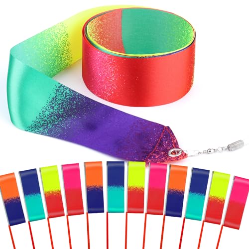 Mr Rex 10 Stücke 2m Neon Tanzbänder mit Stab fur Kinder Mädchen Gymnastikband Tanzband Schwungband mit Stab Kind Geschenke Kindergeburtstag Mitgebsel, Kids Rainbow Dance Ribbon Wands von Mr Rex