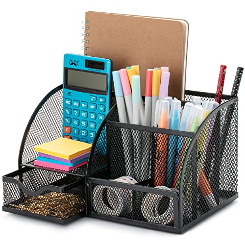 Mr. Pen Moderner, minimalistischer Schreibtisch-Organizer aus schwarzem Netzstoff, 6 Fächer und 1 ausziehbare Schublade, perfekt für Büro, Schule und Heimbedarf von Mr. Pen