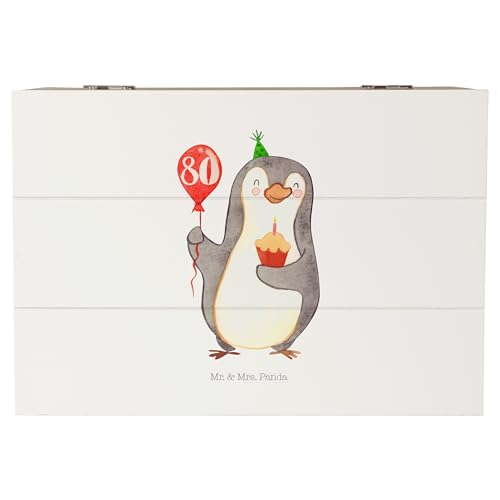 Mr. & Mrs. Panda 22 x 15 cm Holzkiste 80. Geburtstag Pinguin Luftballon - Geschenk, Geburtstage, Schatulle, Kuchen, Schatzkiste, Herzlichen von Mr. & Mrs. Panda