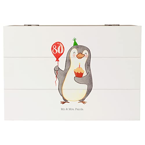 Mr. & Mrs. Panda 22 x 15 cm Holzkiste 80. Geburtstag Pinguin Luftballon - Geschenk, Geburtstage, Schatulle, Kuchen, Schatzkiste, Herzlichen von Mr. & Mrs. Panda