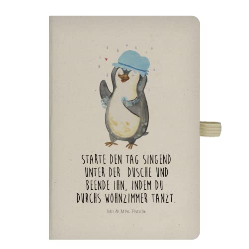 Mr. & Mrs. Panda DIN A5 Baumwoll Notizbuch Pinguin duscht - Geschenk, Baden, Motivation, Dusche, Schreibbuch, duschen, Notizblock, Neuanfang, von Mr. & Mrs. Panda
