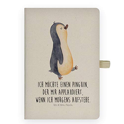 Mr. & Mrs. Panda DIN A6 Baumwoll Notizbuch Pinguin marschierend - Geschenk, Notizblock, Notizheft, Langschläfer, Pinguine, Frühaufsteher, Adressbuch, von Mr. & Mrs. Panda