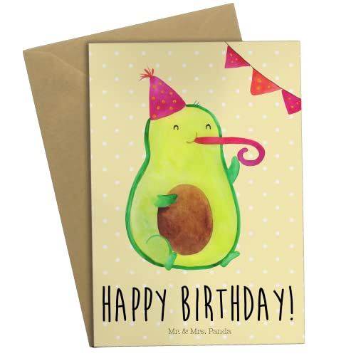Mr. & Mrs. Panda Grußkarte Avocado Birthday - Gelb Pastell - Klappkarte, Hochzeitskarte, Einladungskarte, Geburtstagskarte, Glückwunschkarte von Mr. & Mrs. Panda