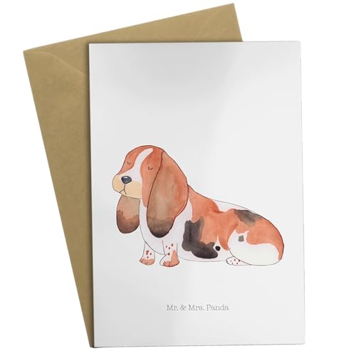 Mr. & Mrs. Panda Grußkarte Hund Basset Hound - Geschenk, kinderlos, geschecktes Fell, Glückwunschkarte, Klappkarte, Hundeliebe, Hochzeitskarte, von Mr. & Mrs. Panda