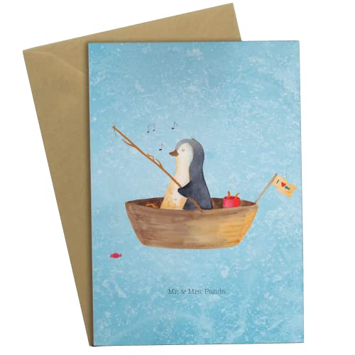 Mr. & Mrs. Panda Grußkarte Pinguin Angelboot - Geschenk, Klappkarte, Lebenslust, Geburtstagskarte, Glückwunschkarte, Einladungskarte, Hochzeitskarte, Leben, Angeln von Mr. & Mrs. Panda