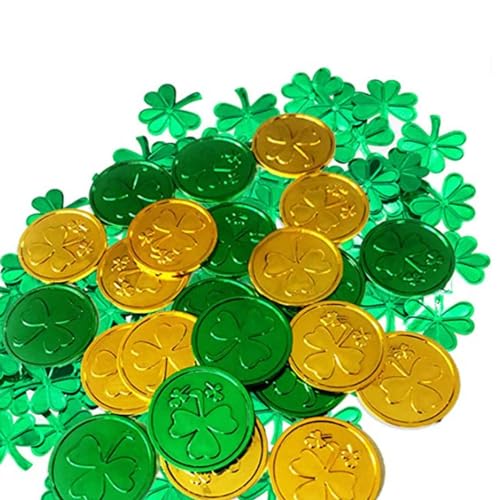 50 Goldene Kleeblatt-Münzen, 50 Grüne Kleeblatt-Münzen, 15g St. Patrick's Day Glitzer-Konfetti, Grüne Kleeblatt-Tischdekoration, Irische Feiertagsparty-Zubehör für Das Schulbüro von Mrchen