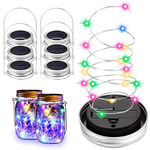 Mrisata Solar-Einmachglas-Lichterkette, 6 Stück, 20 LED-Feen, Glühwürmchen, Einmachglas-Deckel, Lichterkette mit Aufhänger (Gläser Nicht Im Lieferumfang enthalten), Ideal für (Silber) von Mrisata