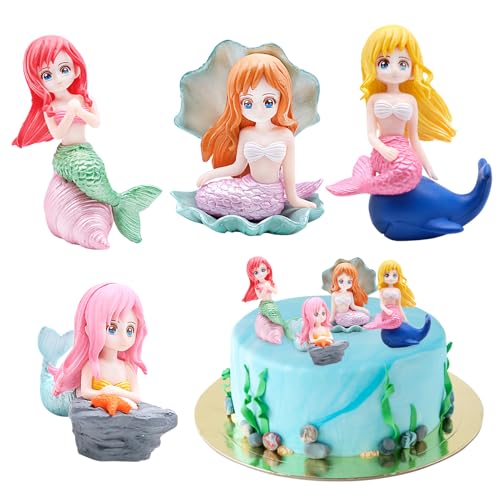 Mritrit 4 Stück Klein Meerjungfrau Tortendeko Set für Mädchen Party, Kunstharz Kleine Prinzessinnen Figuren für Kindergeburtstag Kuchen Deko, Mini Meerjungfrau Figur für Aquarium Kinder Dekoration von Mritrit