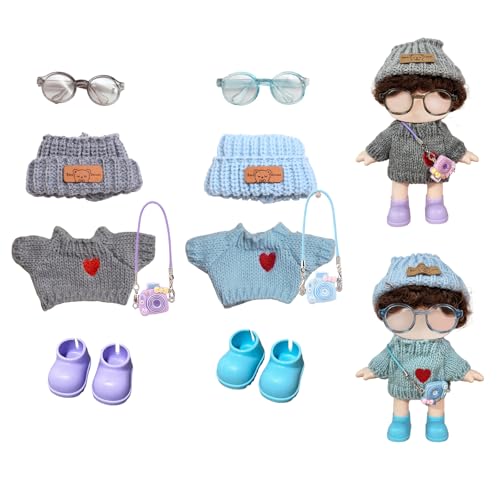 Mrltau 2 Set Niedliches Puppen-Outfit Set für 15/17 cm Vinyl-Plüschpuppe, Strickkleidung mit Pullover, Mütze, Brille, Schuhen und Mini Anhänger Zubehör (Grau & Blau) von Mrltau