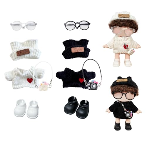 Mrltau 2 Set Niedliches Puppen-Outfit Set für 15/17 cm Vinyl-Plüschpuppe, Strickkleidung mit Pullover, Mütze, Brille, Schuhen und Mini Anhänger Zubehör (Schwarz & Weiß) von Mrltau