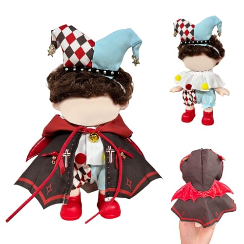 Mrltau 2er-Set Puppen Kleidung im Halloween-Stil für 15cm 17cm Vinyl Plush Dolls, Niedliches Harlekin-Clown-Kostüm & Rotes Teufel-Outfit mit Fledermaus-Umhang, Cooles Ankleidezubehör von Mrltau