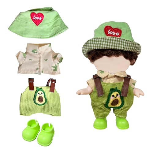 Mrltau 3 PCS niedliches Puppen Kleidung Set im Avocado-Stil für 15/17 cm Vinyl-Plüschpuppe, mit Cord-Latzhose, Hemd mit Blattmuster und Love-Fischerhut, handgemachtes Outfit-Zubehör von Mrltau