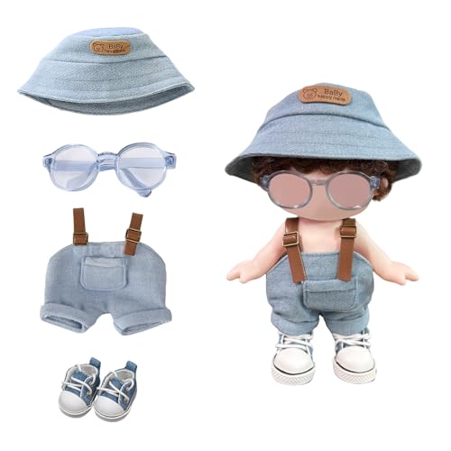 Mrltau 4 PCS Lässiges Streetstyle Puppenkleidung-Set für 15/17 cm Vinyl Plush Toy, Outfit mit Latzhose Fischerhut Canvas-Sneakern Brille, Modernes Ankleidezubehör für 15/17cm Puppe (Blau) von Mrltau