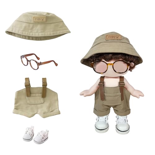 Mrltau 4 PCS Lässiges Streetstyle Puppenkleidung-Set für 15/17 cm Vinyl Plush Toy, Outfit mit Latzhose Fischerhut Canvas-Sneakern Brille, Modernes Ankleidezubehör für 15/17cm Puppe (Khaki) von Mrltau