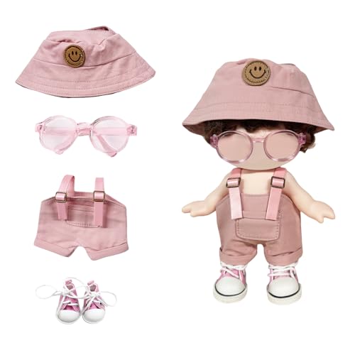 Mrltau 4 PCS Lässiges Streetstyle Puppenkleidung-Set für 15/17 cm Vinyl Plush Toy, Outfit mit Latzhose Fischerhut Canvas-Sneakern Brille, Modernes Ankleidezubehör für 15/17cm Puppe (Rosa) von Mrltau