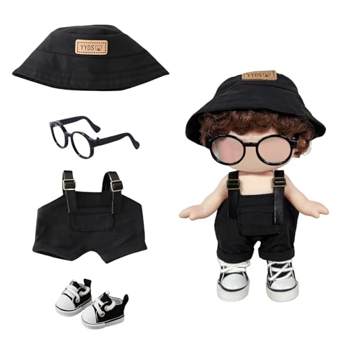 Mrltau 4 PCS Lässiges Streetstyle Puppenkleidung-Set für 15/17 cm Vinyl Plush Toy, Outfit mit Latzhose Fischerhut Canvas-Sneakern Brille, Modernes Ankleidezubehör für 15/17cm Puppe (Schwarz) von Mrltau
