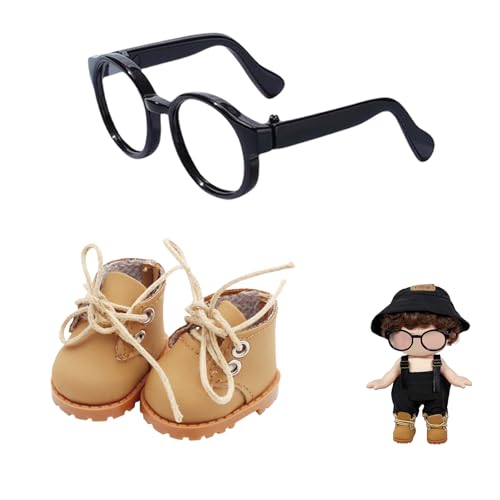 Mrltau Intellektueller Stil Puppen Kleidung Zubehör-Set: Schwarze runde Brille & Klassische Turnschuhe für 15/17 cm Vinyl-Plüschpuppe, Lässiger Gelehrten-Look(Gelb) von Mrltau