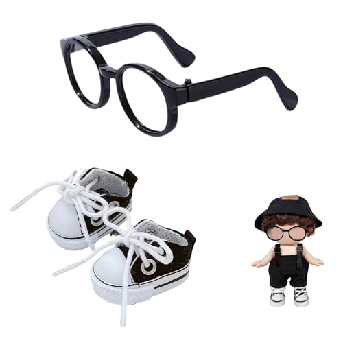 Mrltau Intellektueller Stil Puppen Kleidung Zubehör-Set: Schwarze runde Brille & Klassische Turnschuhe für 15/17 cm Vinyl-Plüschpuppe, Lässiger Gelehrten-Look(Schwarz) von Mrltau