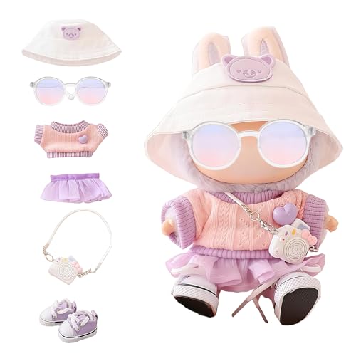 Mrltau Niedliche Freizeit-Look Kleidung für Labubu Keychain Puppen, mit Anglerhut Strickweste Minirock Kamera Deko Schuhe, Outfit Zubehör für Labubus 1./2./3 .Generation Blind Box(lila) von Mrltau