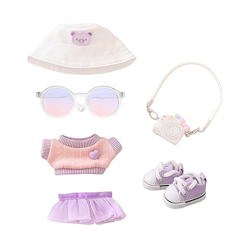 Mrltau Niedliche Freizeit-Look Kleidung für Vinyl Plush Toy Keychain Puppen, mit Anglerhut Strickweste Minirock Kamera Deko Schuhe, Outfit Zubehör für Vinyl Plush Toys Blind Box(lila) von YEVZYDC