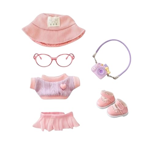 Mrltau Niedliche Freizeit-Look Kleidung für Vinyl Plush Toy Keychain Puppen, mit Cord-Anglerhut Strickweste Minirock Kamera Deko Schuhe, Outfit Zubehör für Vinyl Plush Toys Blind Box(rosa) von Mrltau