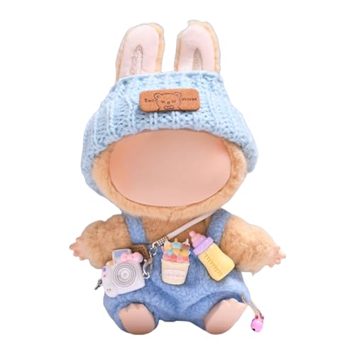 Mrltau Süße Freizeit-Look Stil Kleidung für Vinyl Plush Toy Keychain Puppen, mit Strickmütze & Plüsch-Latzhose & Kamera Deko, Outfit Zubehör für Vinyl Plush Toys Blind Box(blau) von Mrltau