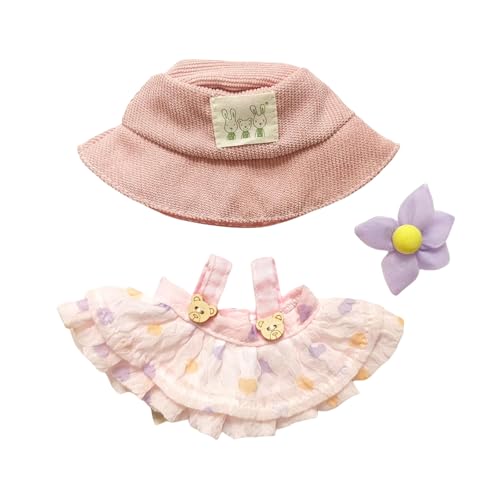 Mrltau Süße Sommer Kleidung für Labubu Keychain Puppen, mit Cord-Anglerhut & Trägerkleid & Blumenspange, Outfit Zubehör für Labubus 1./2./3 .Generation Blind Box(lila) von Mrltau