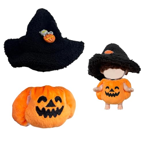 Mrltau Süßes Kürbis-Kleidung mit Hexenhut für 15/17 cm Puppen | Halloween-Verkleidung für einen gruseligen Look | Handgefertigtes Modezubehör passend für 15/17 cm Vinyl Plush Dolls von Mrltau
