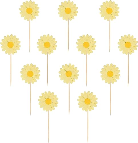 MsTeco Tortendeko 12 Stücke Pack Gänseblümchen Blumen Pappbecher Kuchendeko Tortenaufleger für Happy Birthday Tortendeko Partydeko Für Mädchen Kinder Hochzeit Gelb von MsTeco