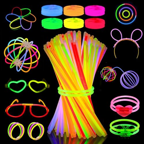 Mshepoi Knicklichter Party Set 100 Stk + 120 Verbinder & 16 Zubehör – 8 Farben Neon Leuchtstäbe für Kinder & Erwachsene – DIY Armband, Brillen, Deko – Glow Sticks für Festival & Party von Mshepoi