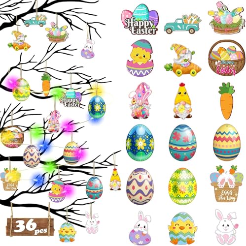 36 PCS Oster Holz Ornamente, Deko Ostern Lichterkette, Deko Ostern LED, Hasen Aufhängen Ornamente, Kommt Mit Hanfseil, Geeignet für Die Osterdekoration Zu Hause und Die Osterparty von Mstnoixgc