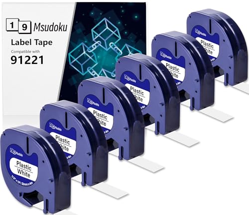 6x Msudoku Ersatz für Dymo 91221 91201 S0721660 12mm x 4m Etikettenband Kompatibel für Dymo Kunststoff White Schriftband für LetraTag XR XM LT100H LT100T QX50 2000, Schwarz auf Weiß von Msudoku