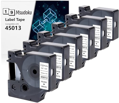 Msudoku 45013 Kompatibel mit Dymo D1 Etikettenband 1/2 Zoll Tape Cassette für LabelManager 160 280 210D 360D 420P PnP 450D Beschriftungsgerät, Schwarz auf Weiß, 12mm x 7m, 6 Pack von Msudoku