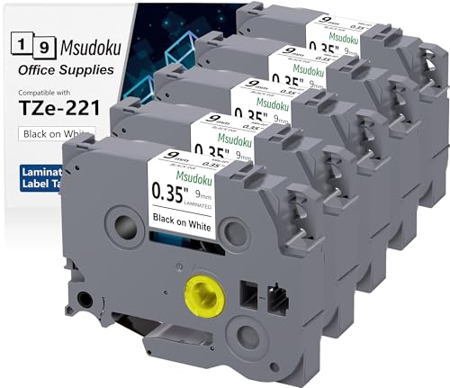 Msudoku 5-Pack TZe221 Schriftband Kompatibel für Brother TZe TZ Bänder 9mm Laminiertes Weißes Band TZe-221 Tz221 für P Touch PTD210 PTD200 PTH220 PTD400 PTD600 PTH110, 0.35" x 26.2' von Msudoku