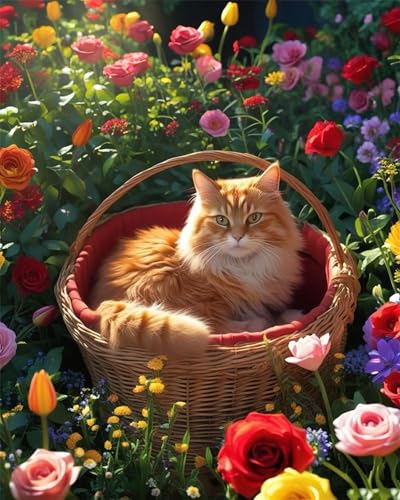 Blumenkorb Katze Malen Nach Zahlen Erwachsene mit Rahmen,paint by numbers 30x40cm DIY malen nach zahlen leinwand Set mit Pinsel und Acrylfarben,Wanddekoration für Zuhause von Muaor