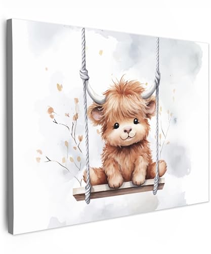 MuchoWow© Leinwandbild 70x50 cm Dekoration Bilder Aufhängen Wall Decoration Bilder Jungen Mädchen Schottischer Highlander - Tier - Kinder - Babyzimmer - Kinderzimmer von MuchoWow