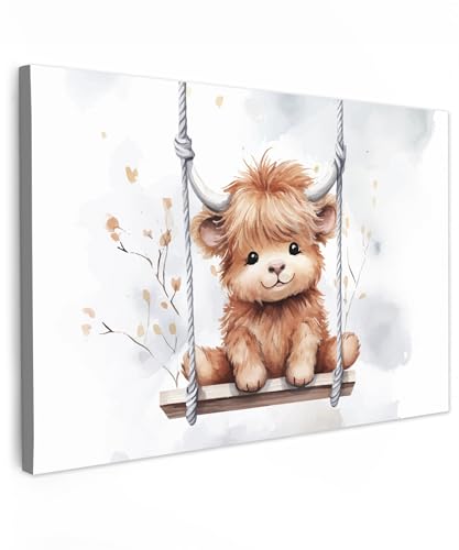 MuchoWow© Leinwandbild Groß 120x80 cm XXL Dekoration Bilder Aufhängen Wall Decoration Bilder Jungen Mädchen Schottischer Highlander - Tier - Kinder - Babyzimmer - Kinderzimmer von MuchoWow